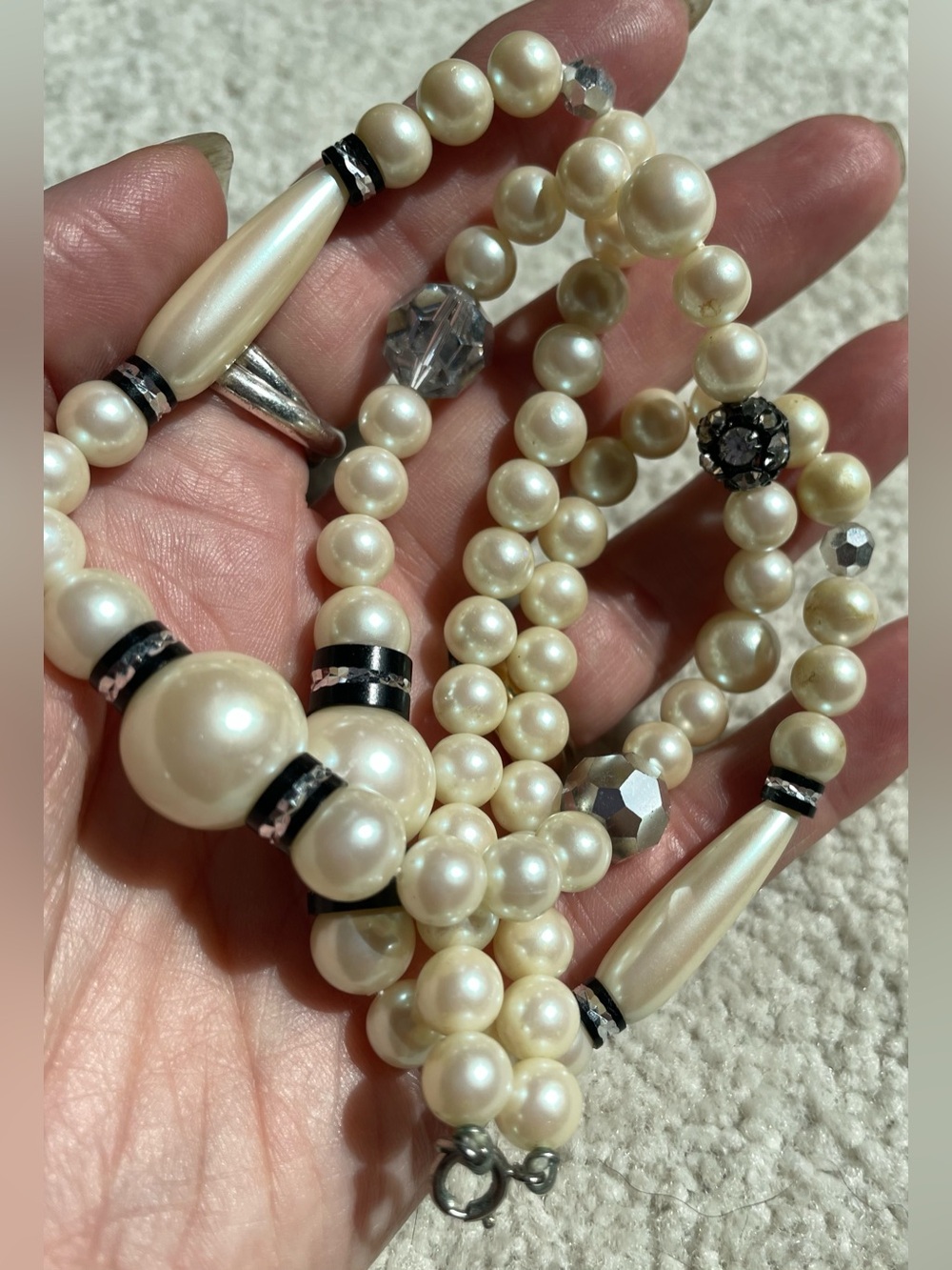 Gorgeous Vintage Faux Pearl & Rhinestone Station Opera Length Necklace